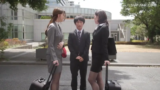 交谈 · 严肃 · 全身 · 站立 · 室外街道 · 三人 · 职业正装 · 拉杆箱