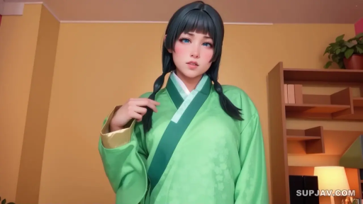 室内 · 角色扮演 · 站立 · 迷离 · 半身特写 · 书架 · 拨弄头发 · 绿色古装