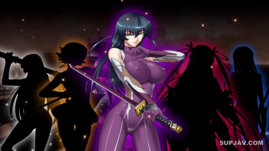 半身特写 · 严肃表情 · 武士刀 · 紫色紧身衣 · 户外夜景 · 战斗准备 · 持剑姿势 · 对魔忍